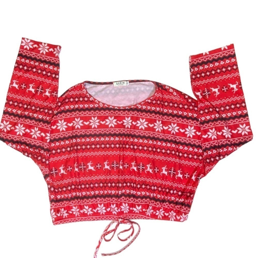 Christmas Crop Top Holiday Tee Blouse Shirt Long Sleeve Stretchy Red White 1XL